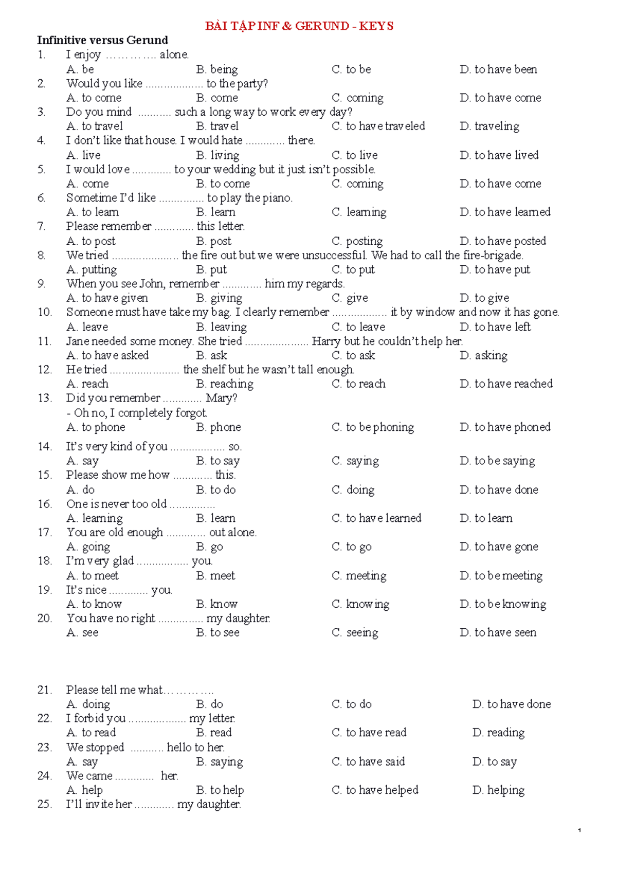 BAI TAP INF Gerund KEYS - Ok33 - BÀI TẬP INF & GERUND - KEYS Infinitive ...