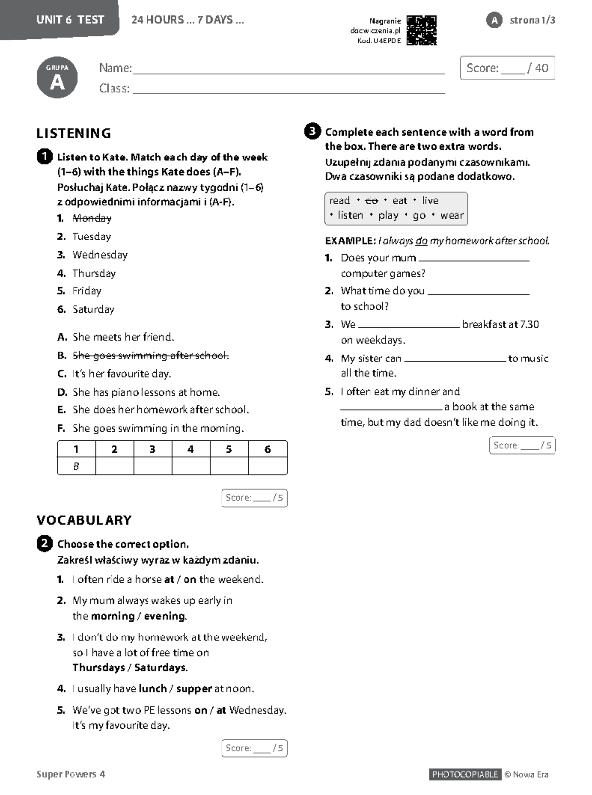 Super powers 4 test a u6 - Super Powers 4 PHOTOCOPIABLE © Nowa Era UNIT ...