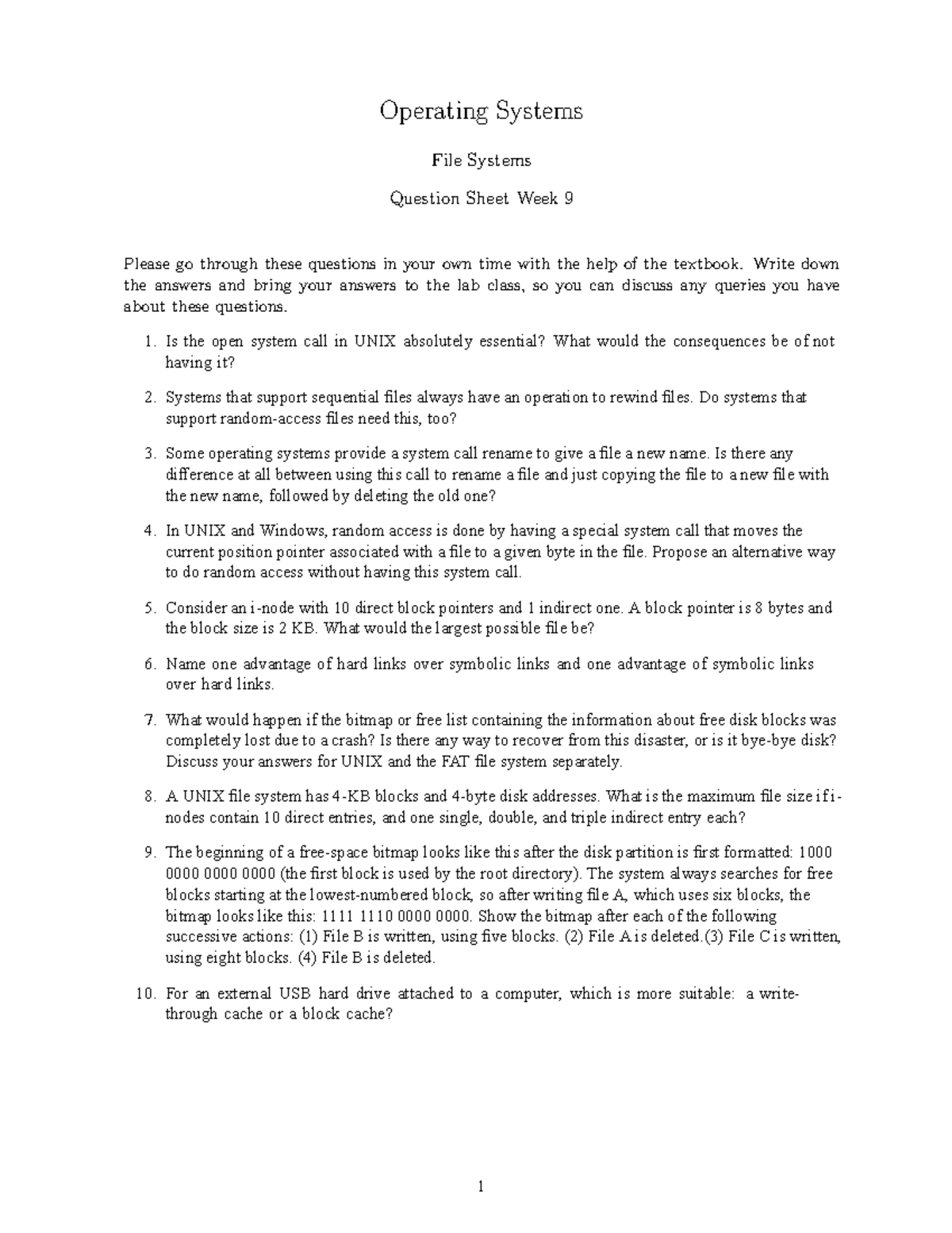 Question set 9 - Questions - Operating Systems File Systems Question ...