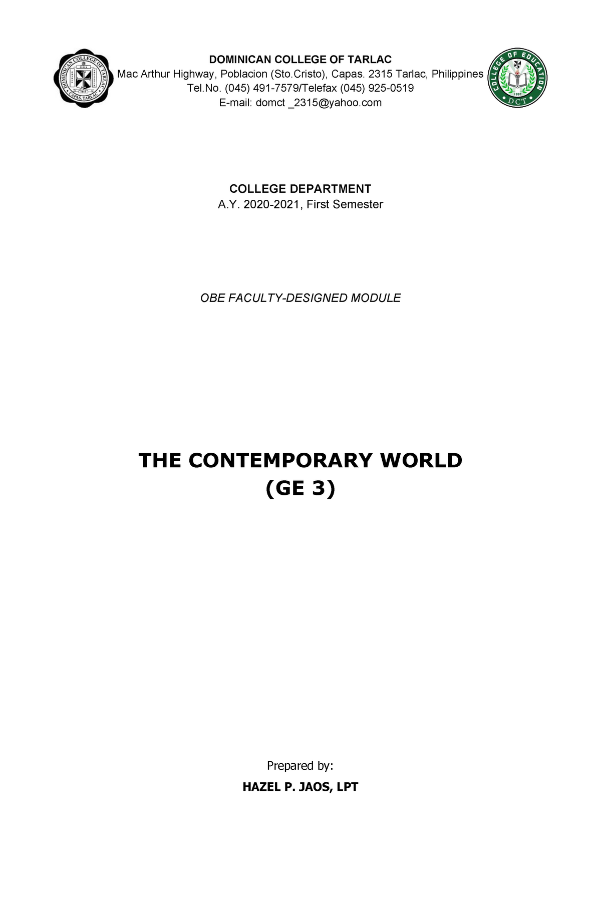 Contemporary World GE3-Module 4 - DOMINICAN COLLEGE OF TARLAC Mac ...