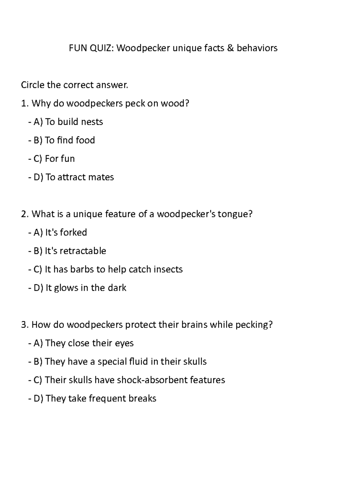 FUN QUIZ Woodpecker unique facts & behaviors FUN QUIZ Woodpecker