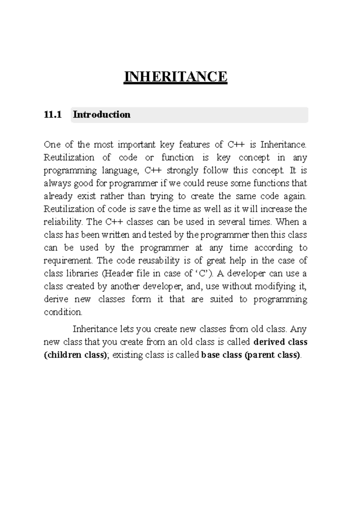 Inheritance - INHERITANCE 11. One of the most important key features of ...