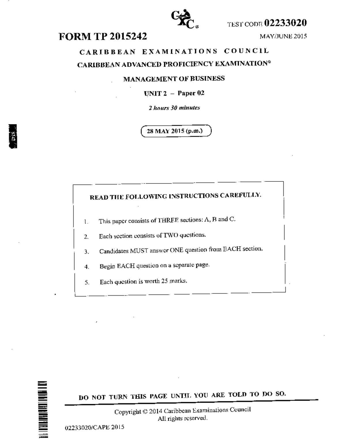 CAPE Management of Business 2015 U2 P2 - cdb. TEST CODE 02233020 FORM ...