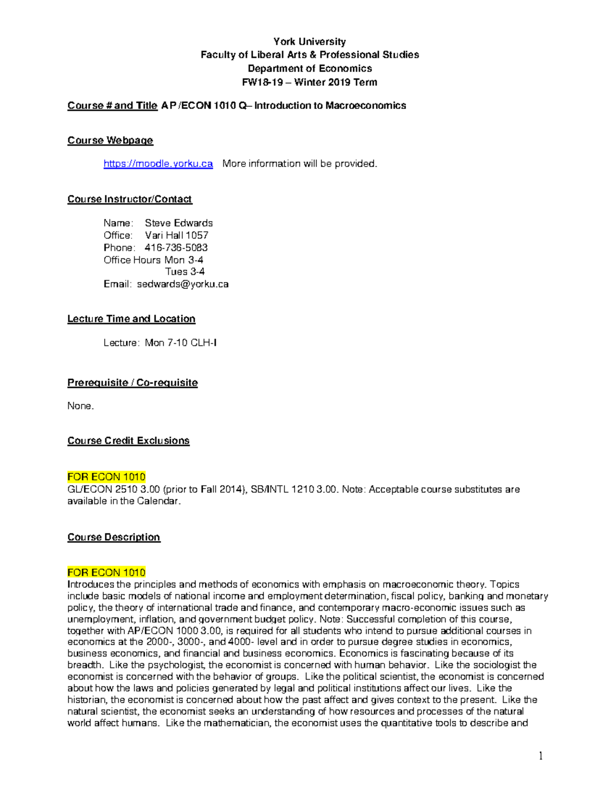 Course outline 2018 ECON 1010 - York University Faculty of Liberal Arts ...