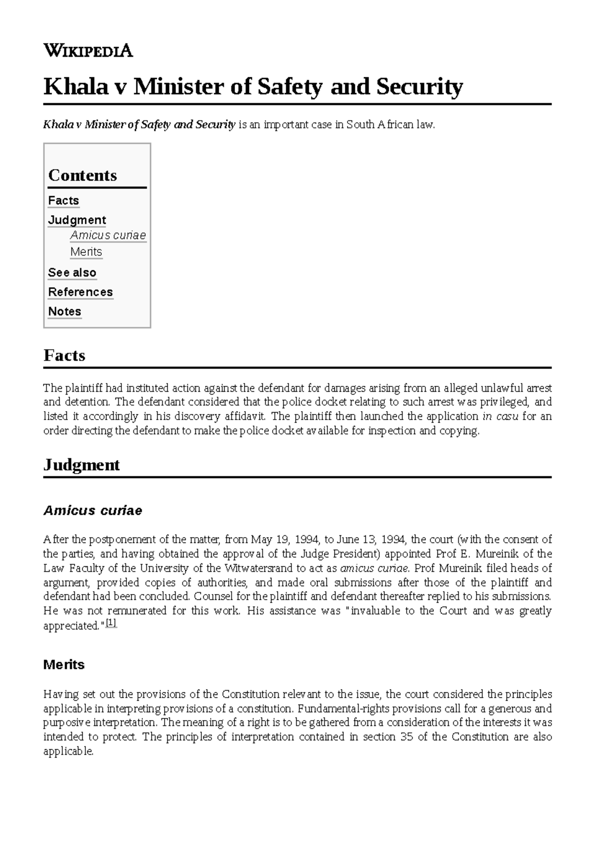 Khala v Minister of Safety and Security - Facts Judgment Amicus curiae ...
