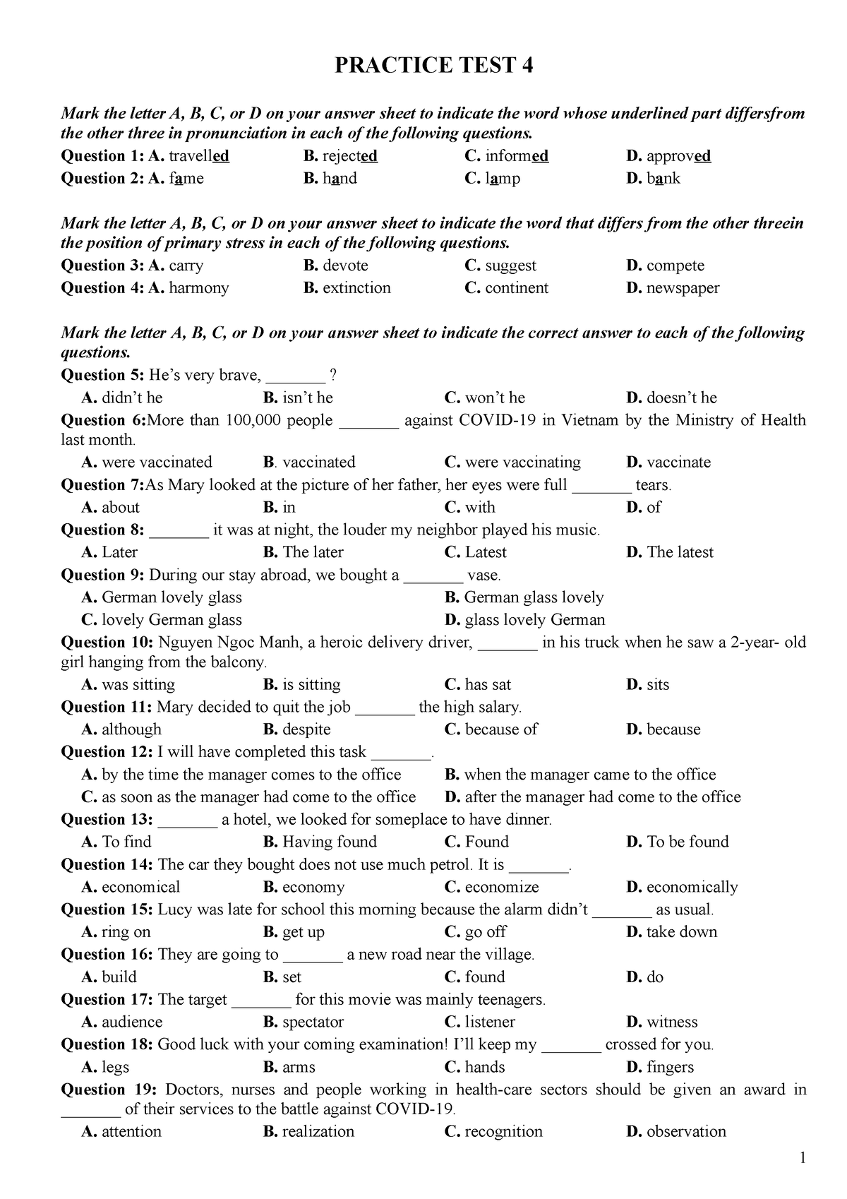 Practice-test-4 key reading - PRACTICE TEST 4 Mark the letter A, B, C ...