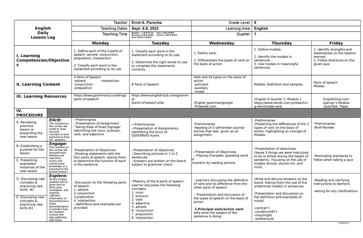 Sept 4-8 - DLL - English Daily Lesson Log Teacher Errol A. Parocha ...