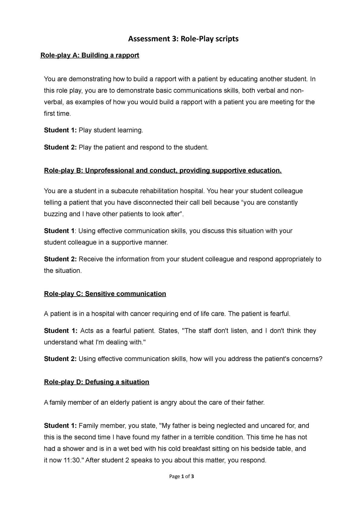 Assessment 3 Role Play Scenarios (1)1 - Assessment 3: Role-Play scripts ...