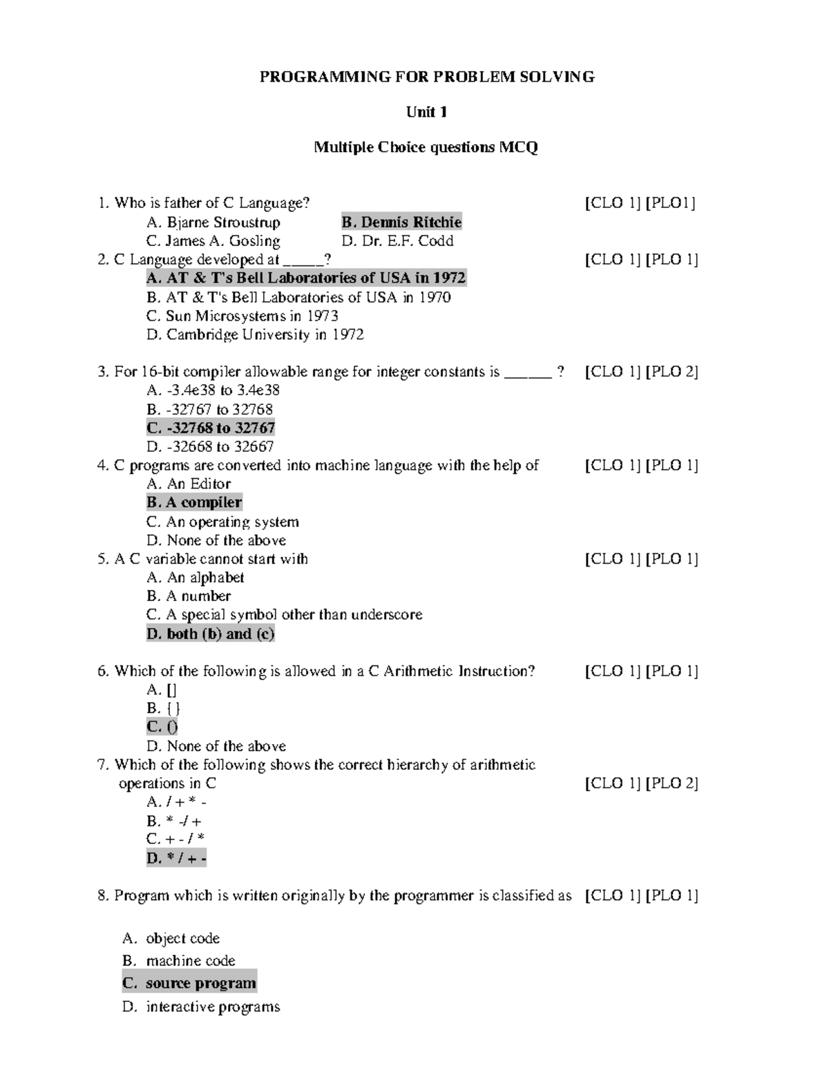 mcq on problem solving concepts