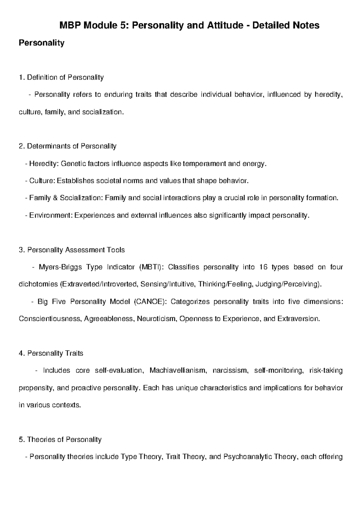 MBP Module 5 Personality Attitude Notes - MBP Module 5: Personality and ...