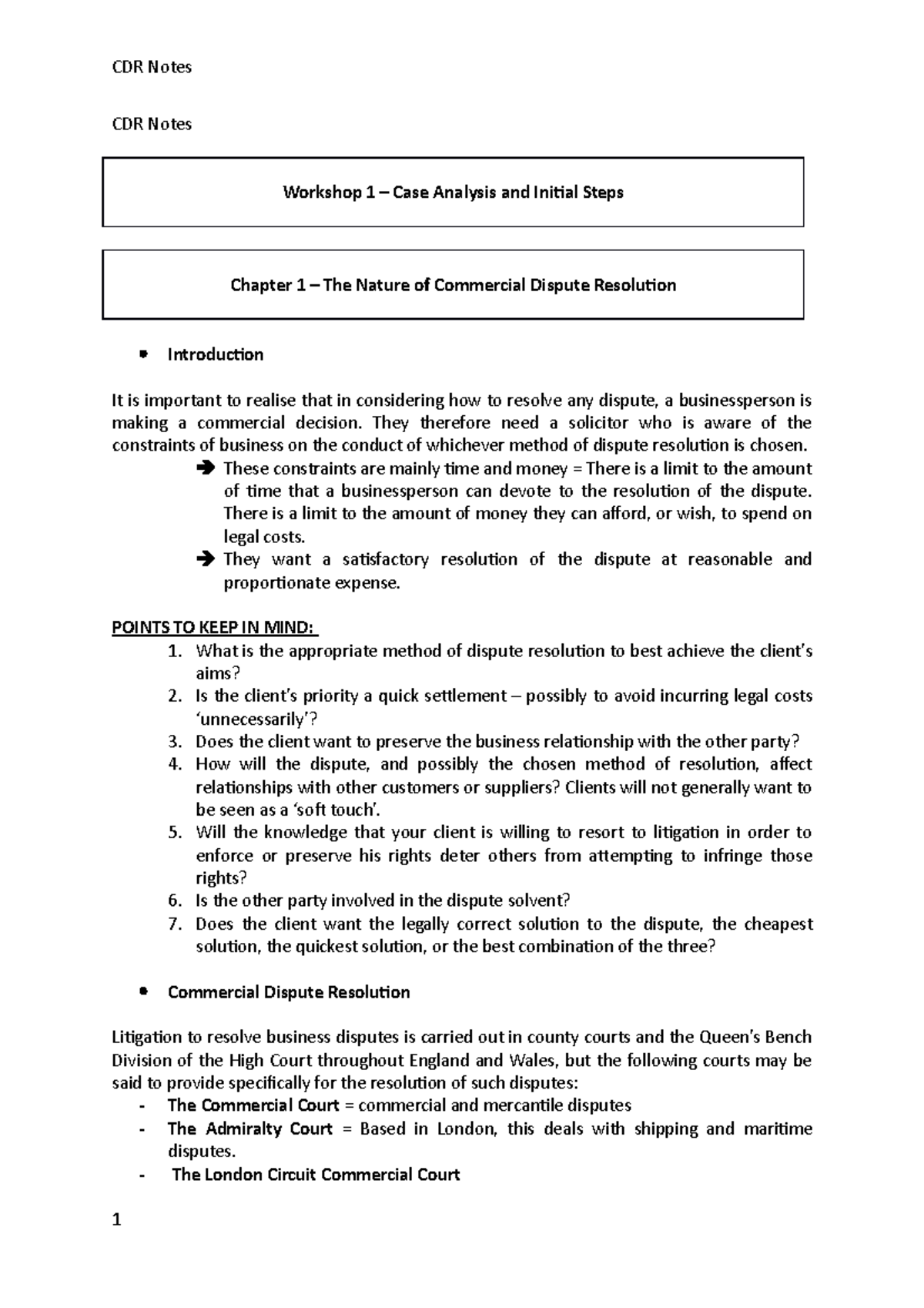 CDR Notes WS 1 - First workshop CDR - CDR Notes Workshop 1 – Case ...