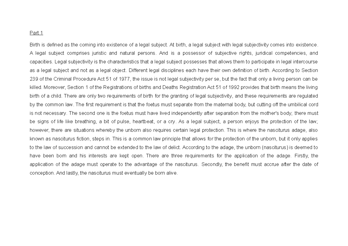 Assignment on Nasciturus adage part 1 - Part 1 Birth is defined as the ...