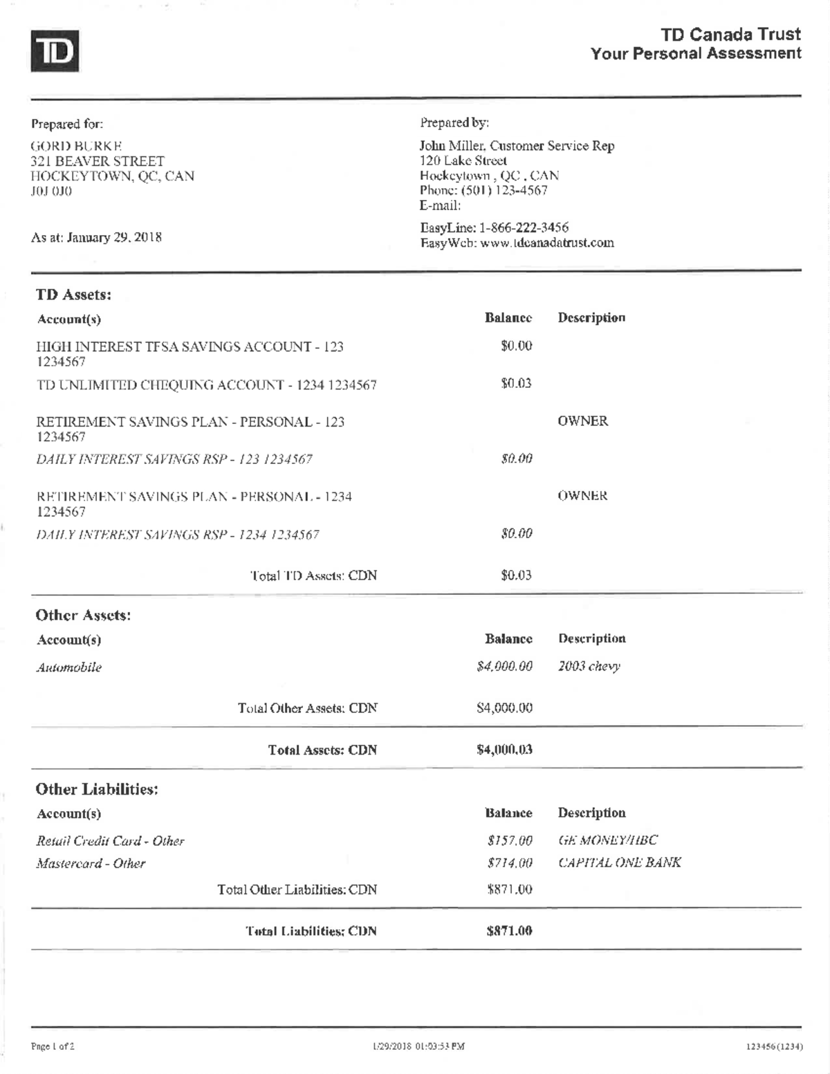 TD Personal Assessment - Banking BK1001 PGEDBM - Studocu