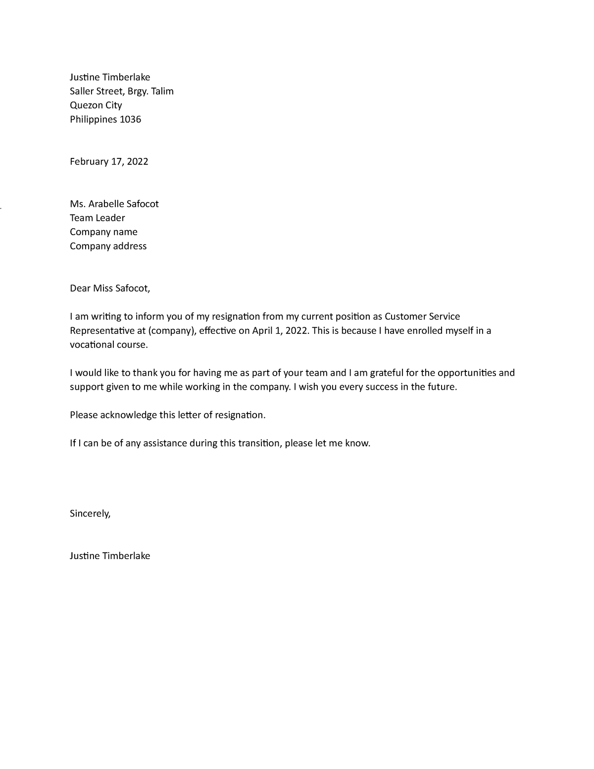 Example of Resignation Letter - Justine Timberlake Saller Street, Brgy ...