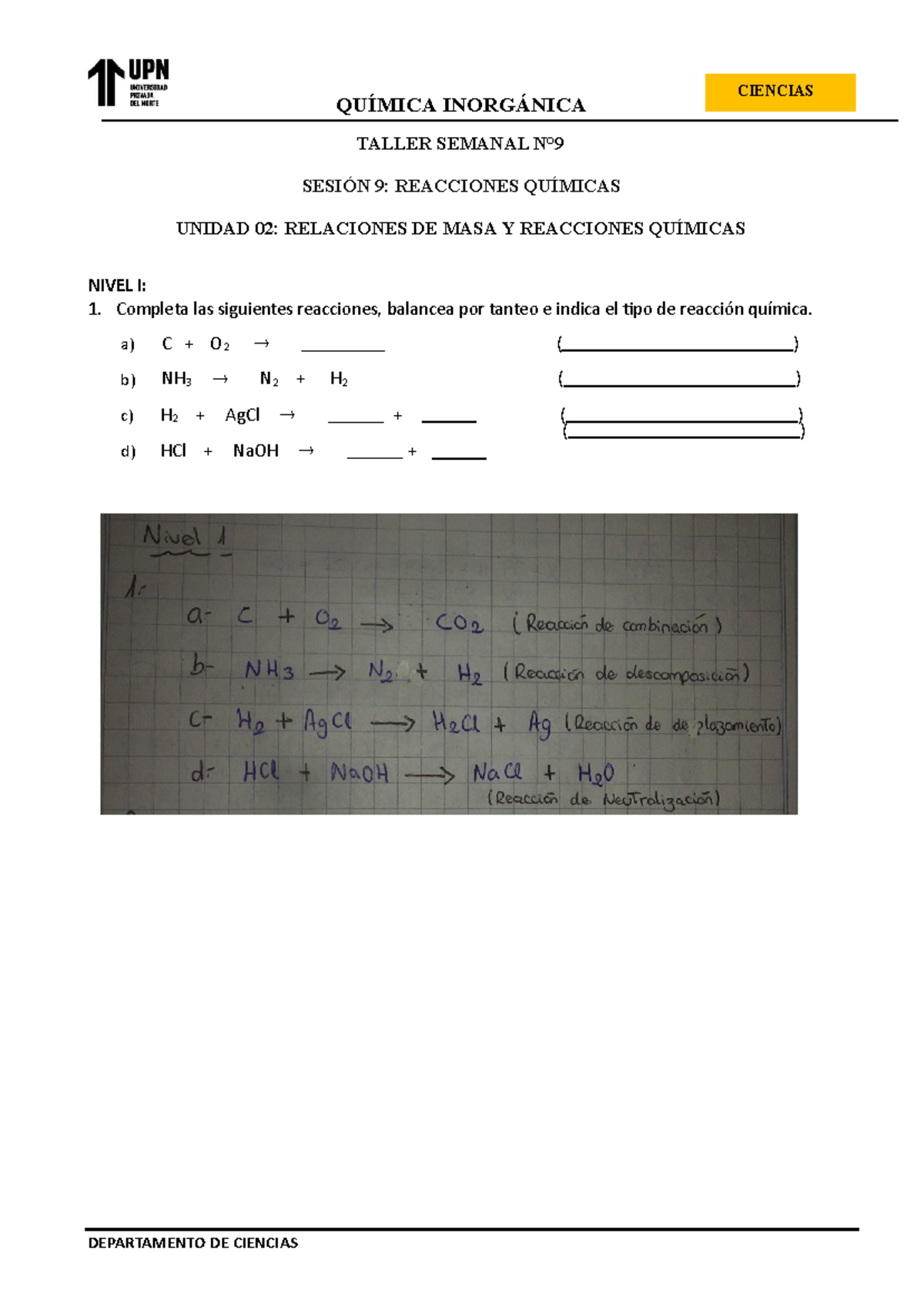 Taller Semanal N°9 SesiÓn 9 Reacciones QuÍmicas Unidad 02