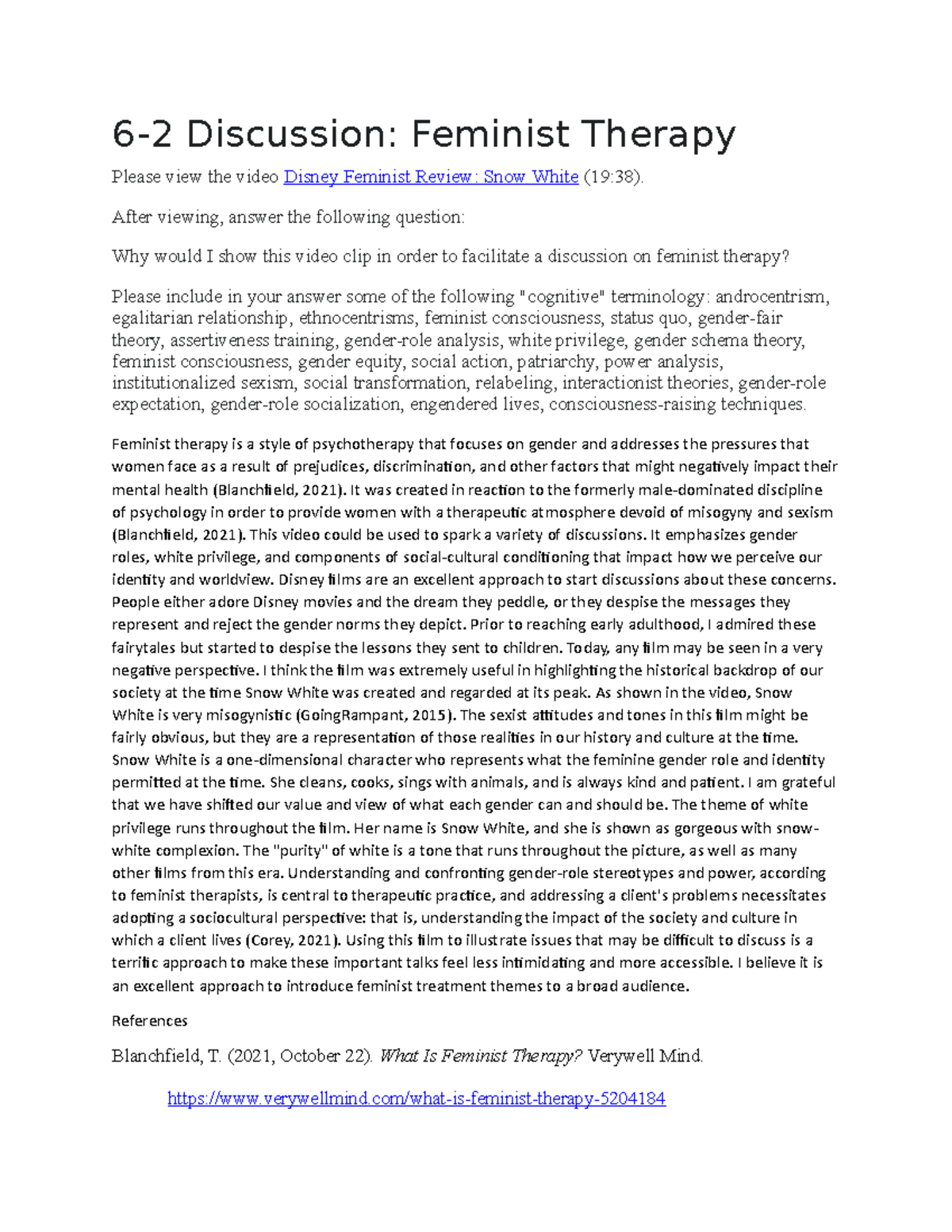 6-2 Discussion - Feminist Therapy - 6-2 Discussion: Feminist Therapy