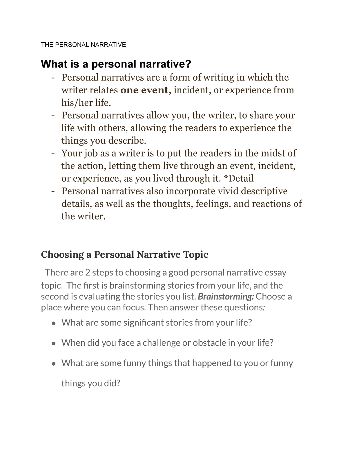THE Personal Narrative - THE PERSONAL NARRATIVE What is a personal ...