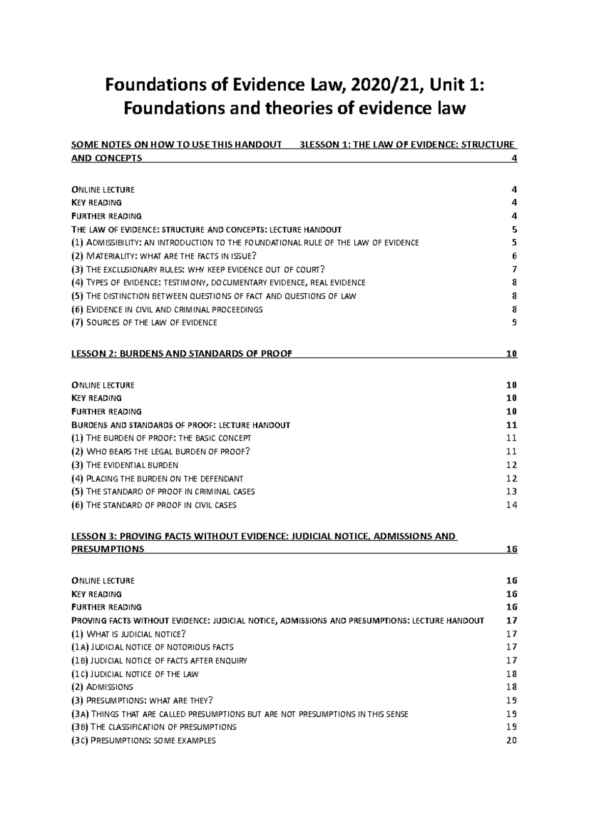 Evidence lectures (1) Foundations of Evidence Law, 2020/21, Unit 1