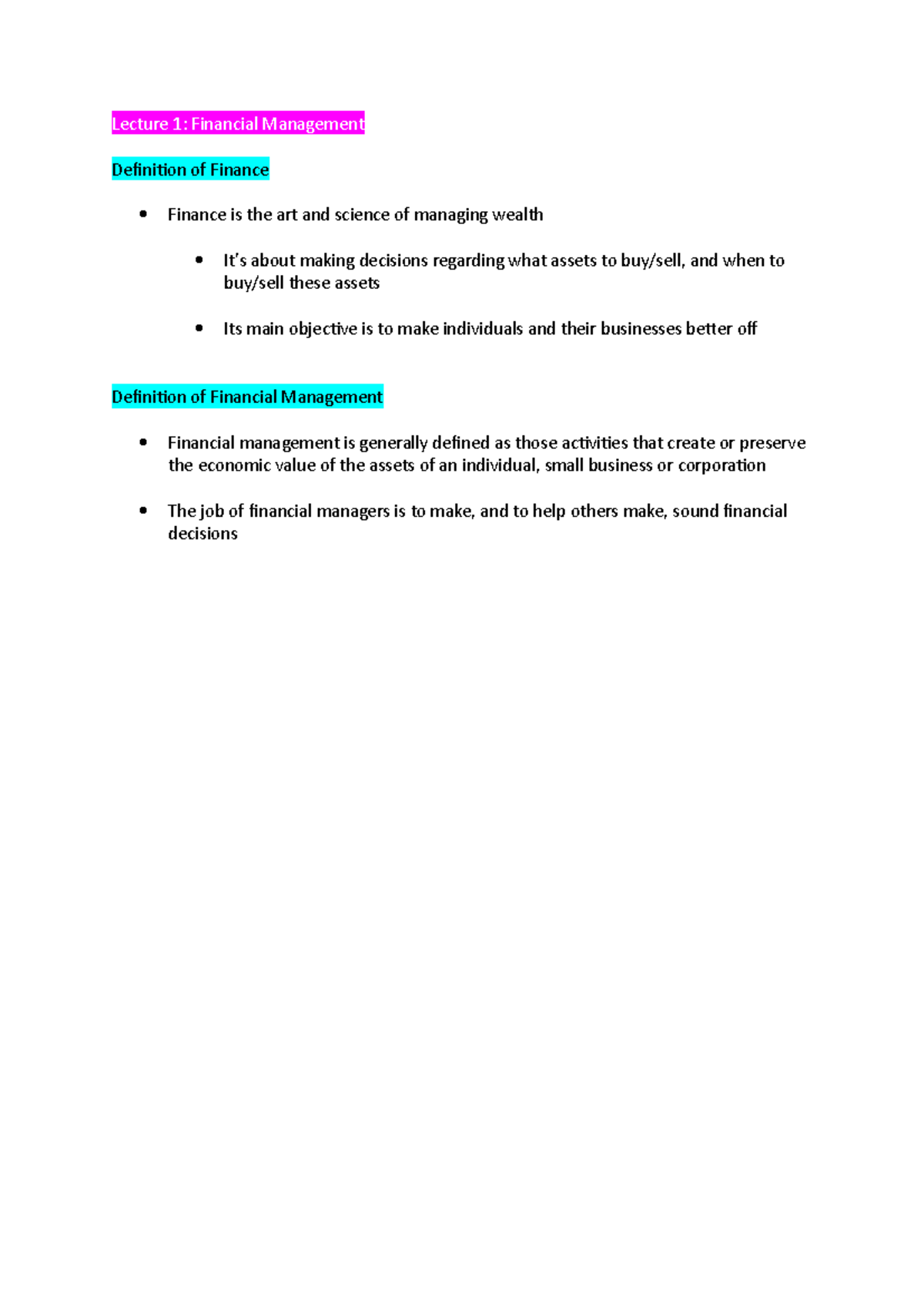 Intro Finance (Week 1 to Week 6) Notes - Lecture 1: Financial ...