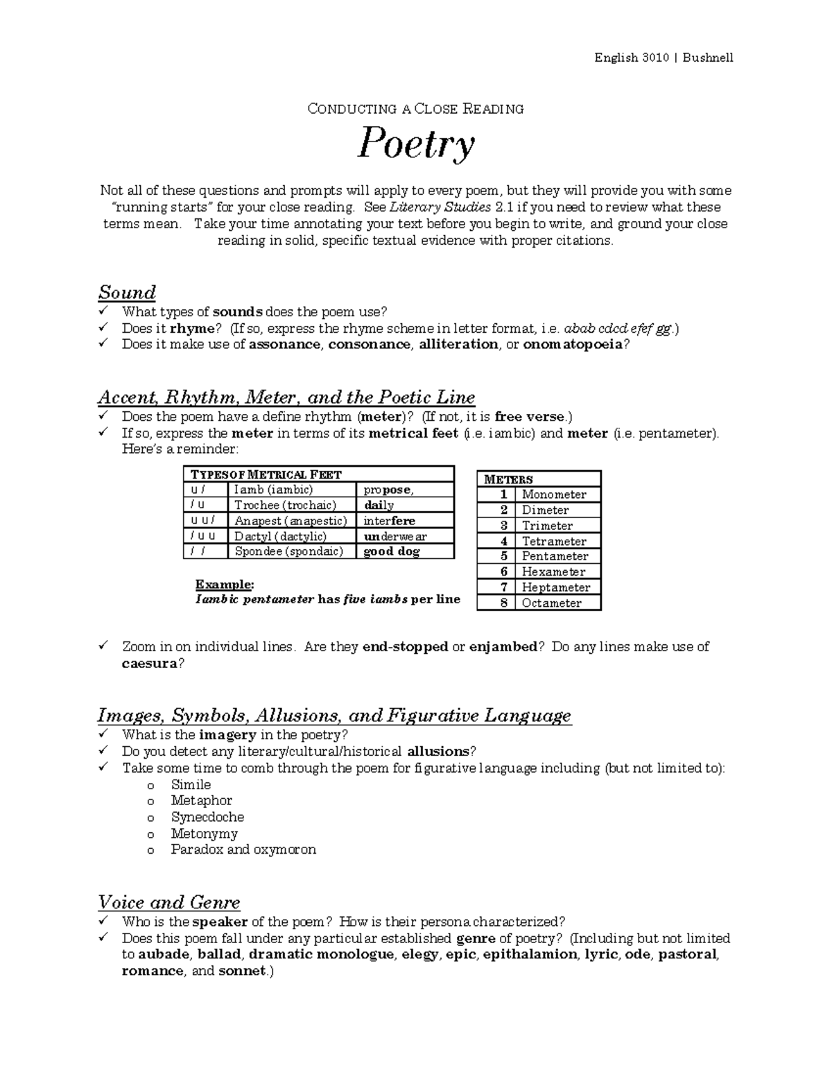 Conducting A Close Reading - Poetry - English 3010 