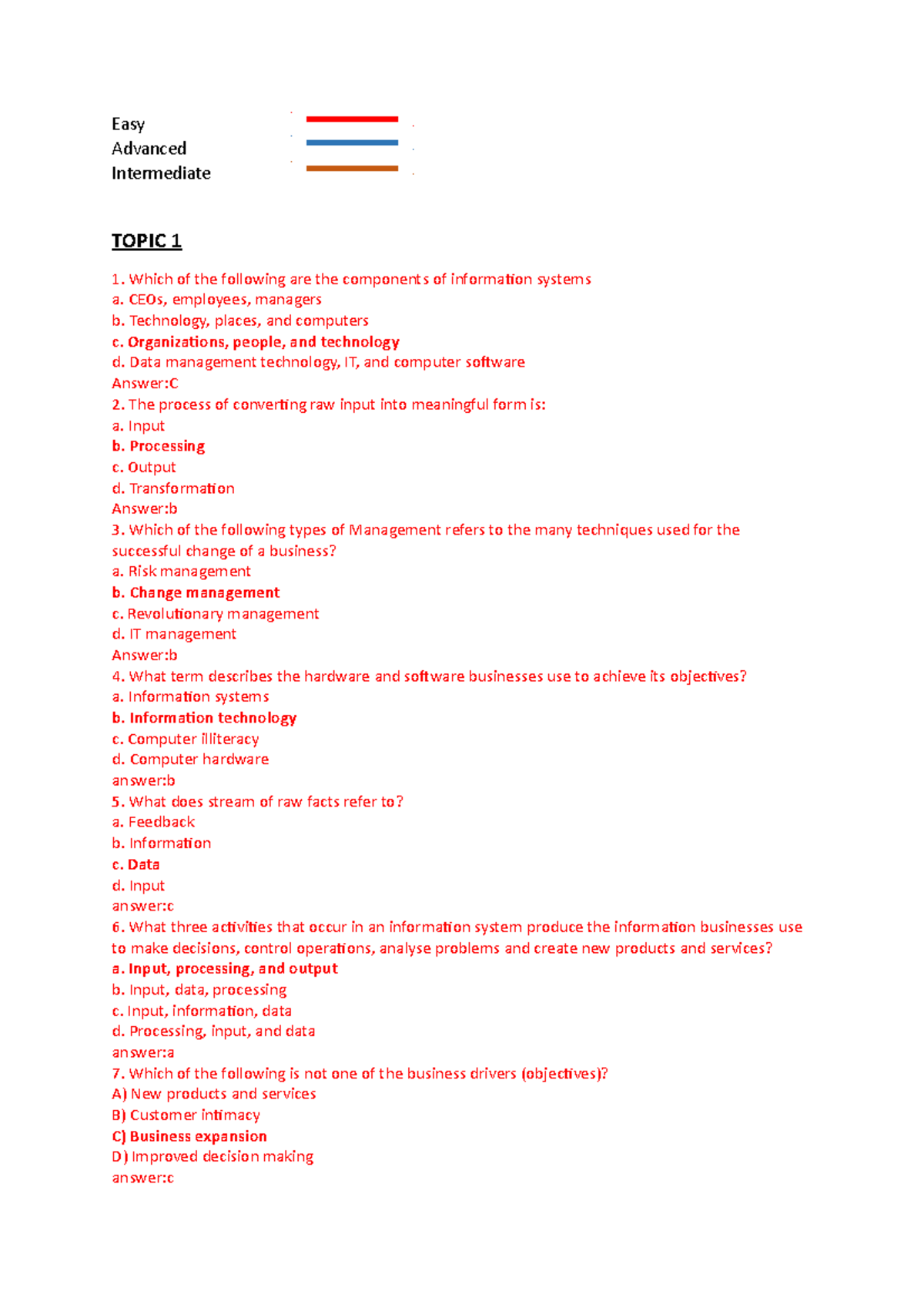 MIS CA1 600 MCQs possible multiple choice qs Easy Advanced Intermediate TOPIC 1 Which of