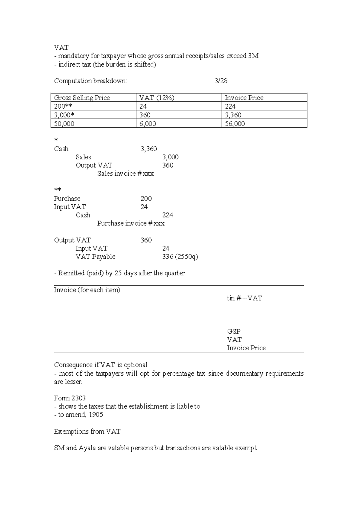 VAT lecture notes - VAT - VAT mandatory for taxpayer whose gross annual ...