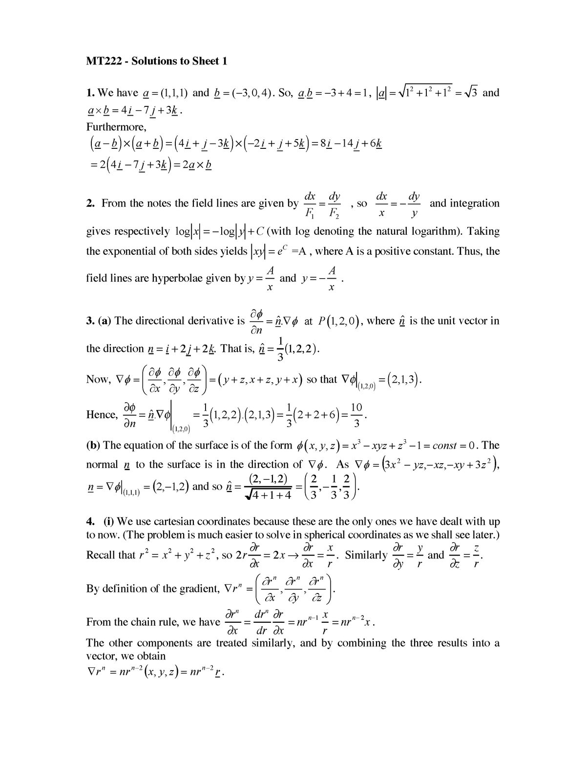 Mt22 Sheet 1 Solution Vector Analysis And Fluids Mt222 Rhul Studocu