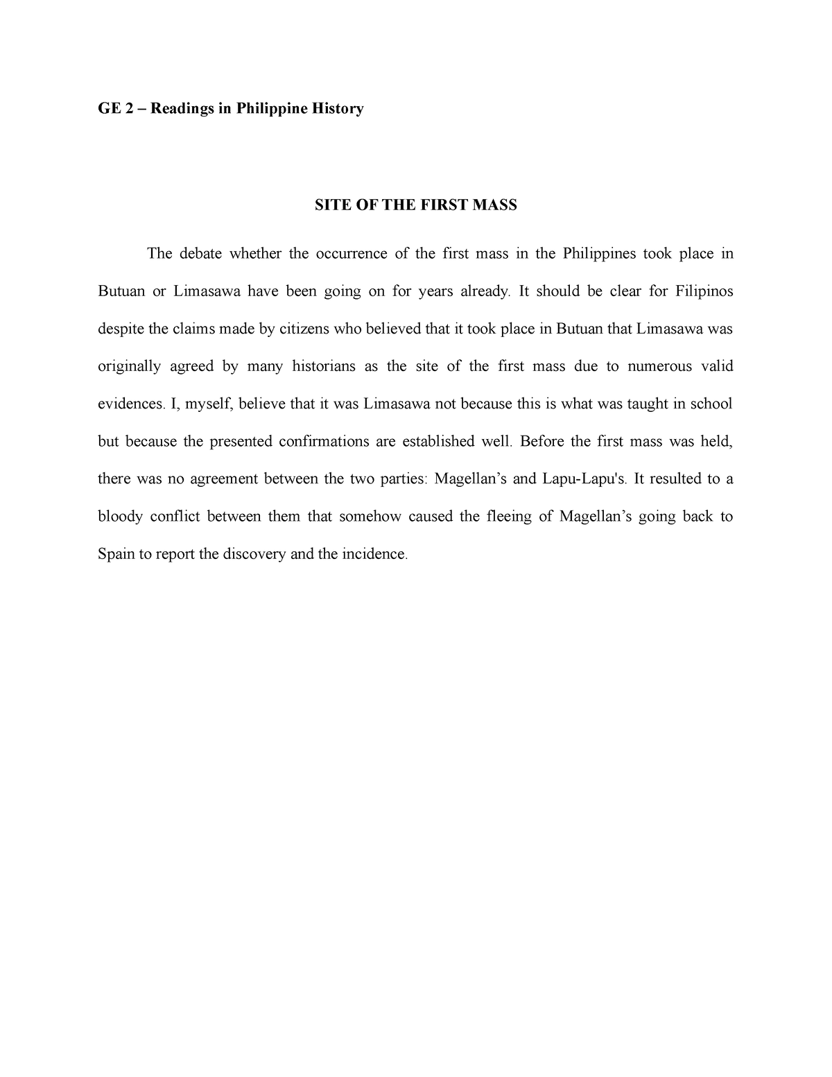 GE 2 ( Reaction Papers) - GE 2 – Readings in Philippine History SITE OF ...