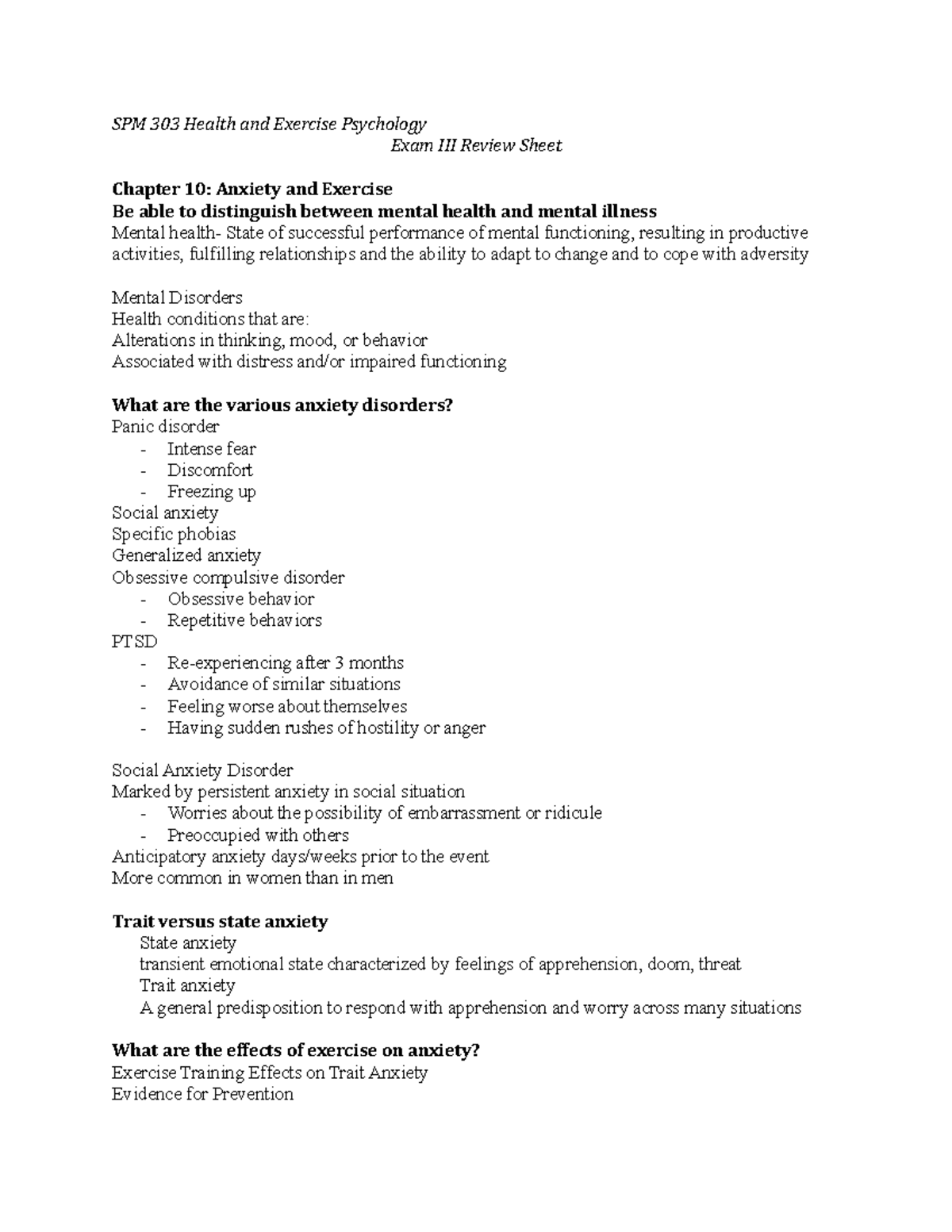 SPM 303 Exam III Review Sheet - SPM 303 Health and Exercise Psychology ...