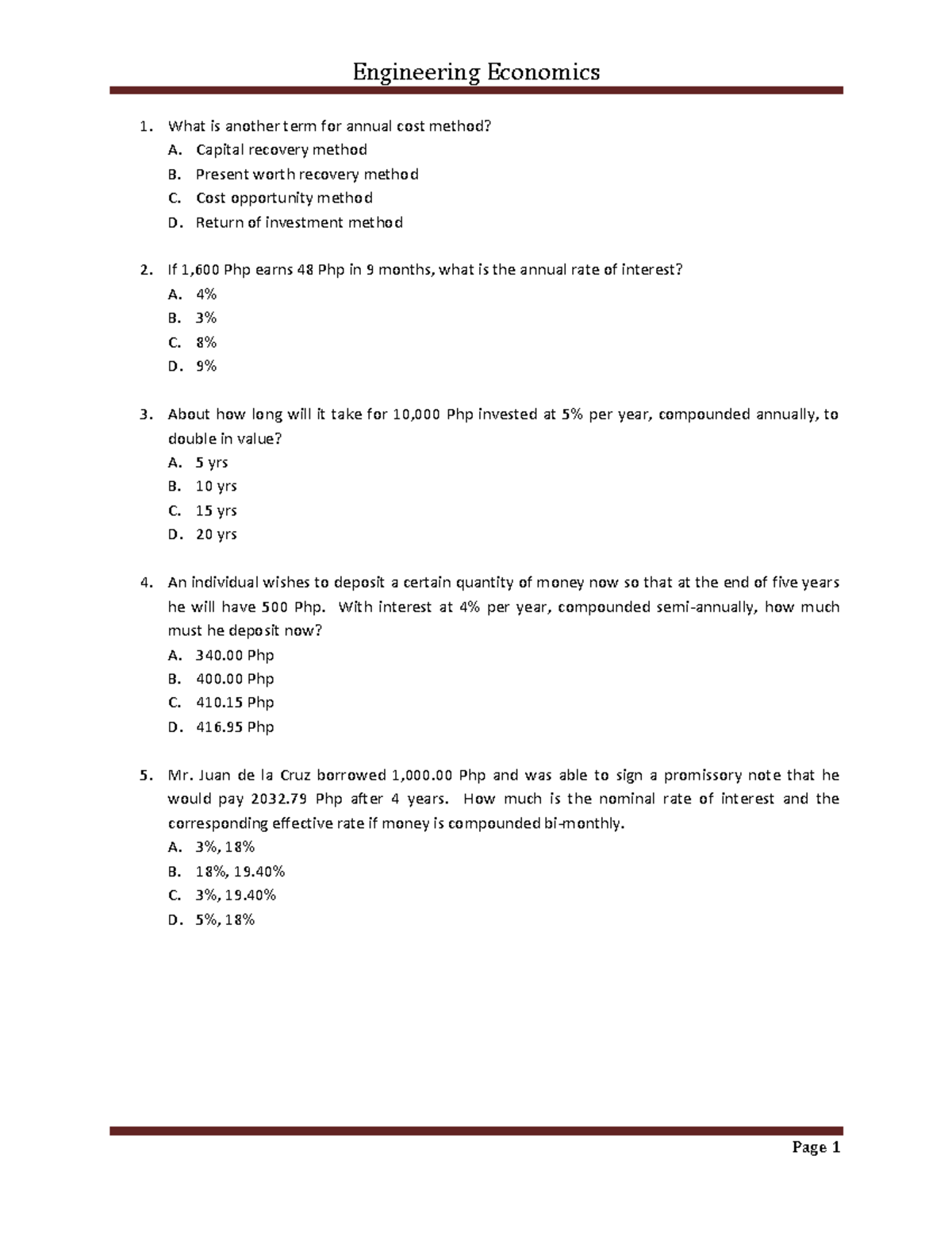 What is another term for annual cost method Capital recovery method B