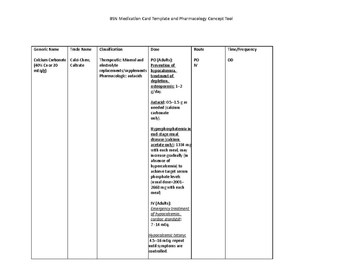 Calcium Carbonate Med Card - BSN Medication Card Template and ...