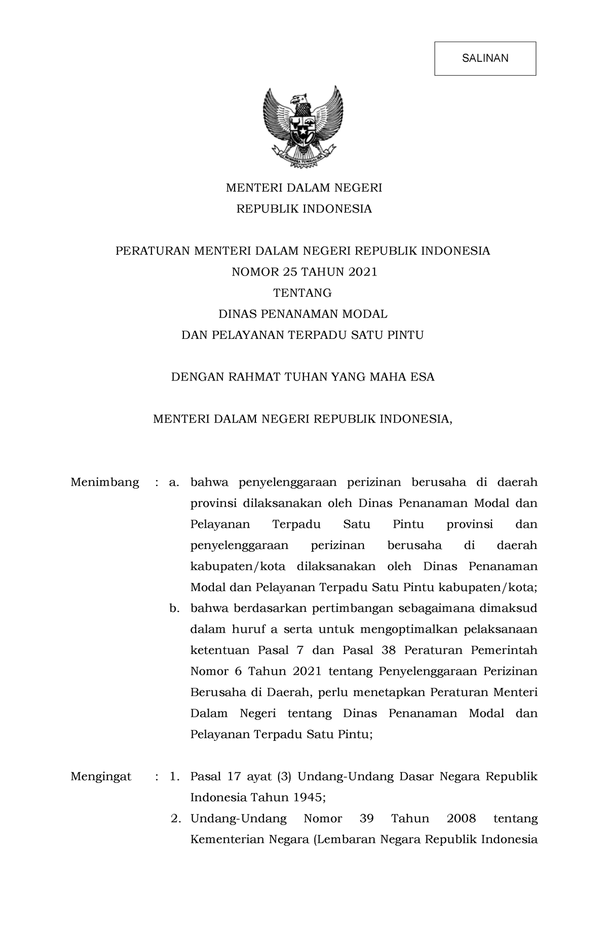 Permendagri Nomor 25 Tahun 2021 - MENTERI DALAM NEGERI REPUBLIK ...