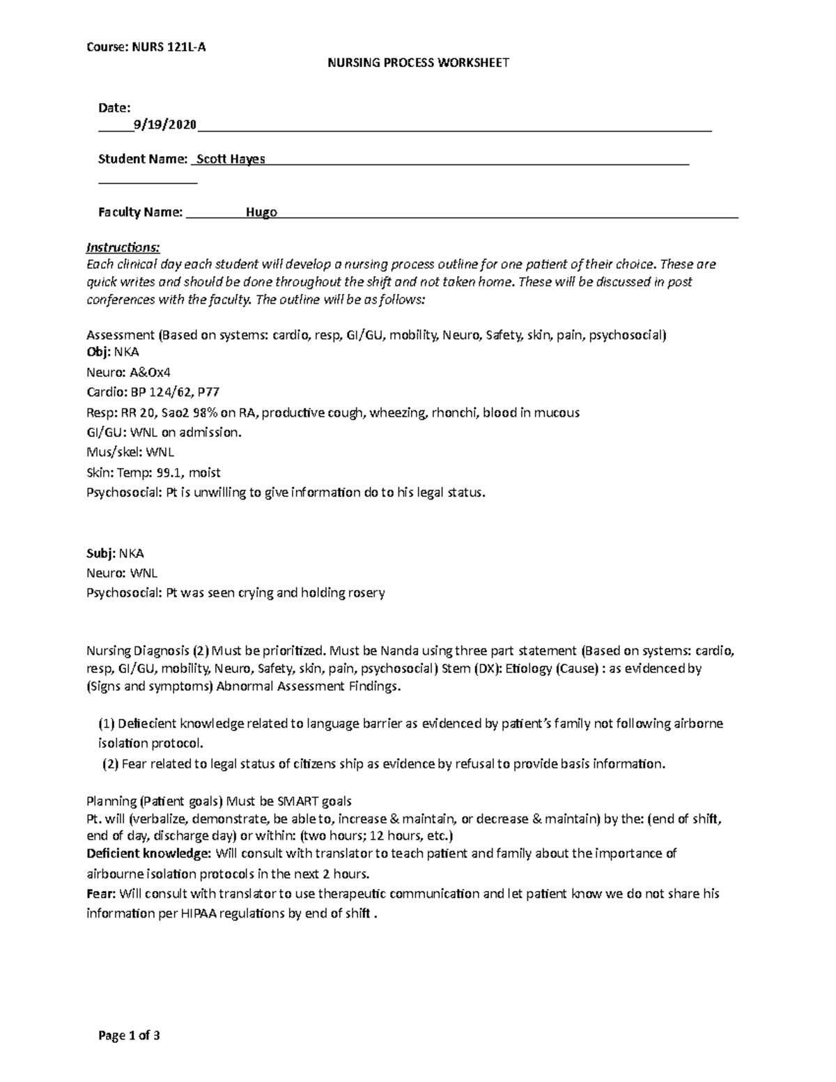 NURS 121L-A - Nursing Process Worksheet 4 - Course: NURS 121L-A NURSING ...