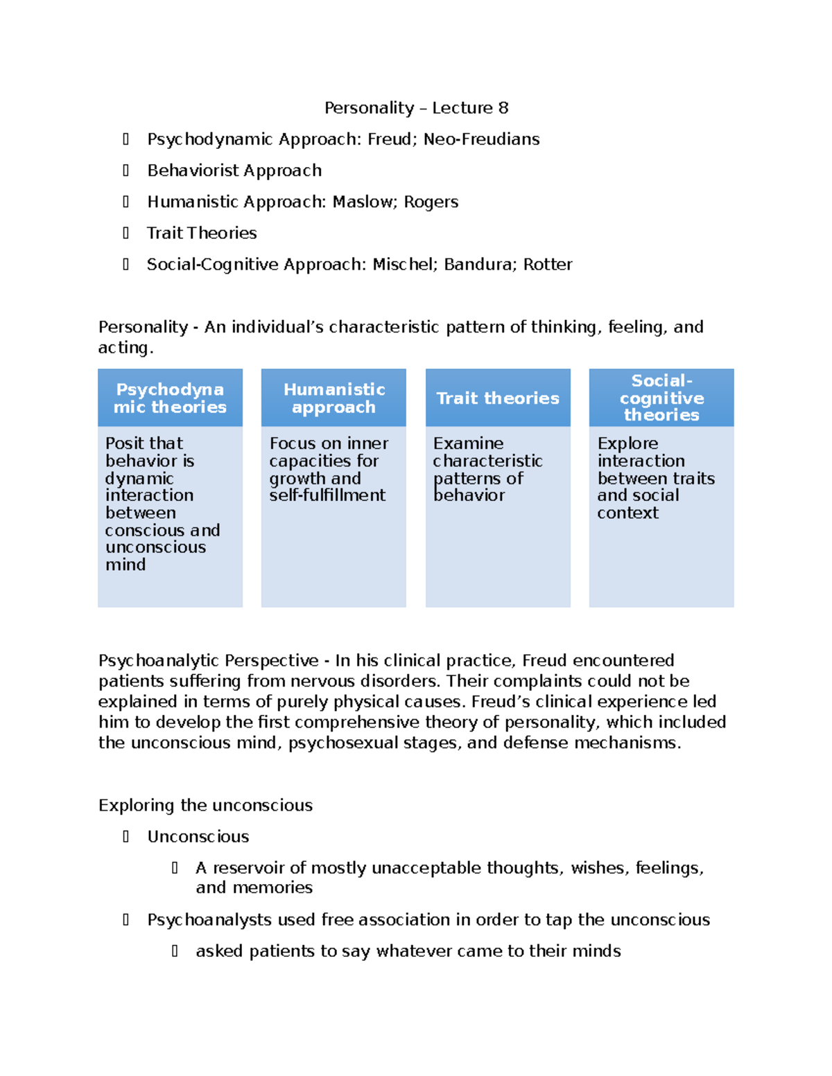 Week 8 - Lecture notes 8 - Personality – Lecture 8 Psychodynamic ...