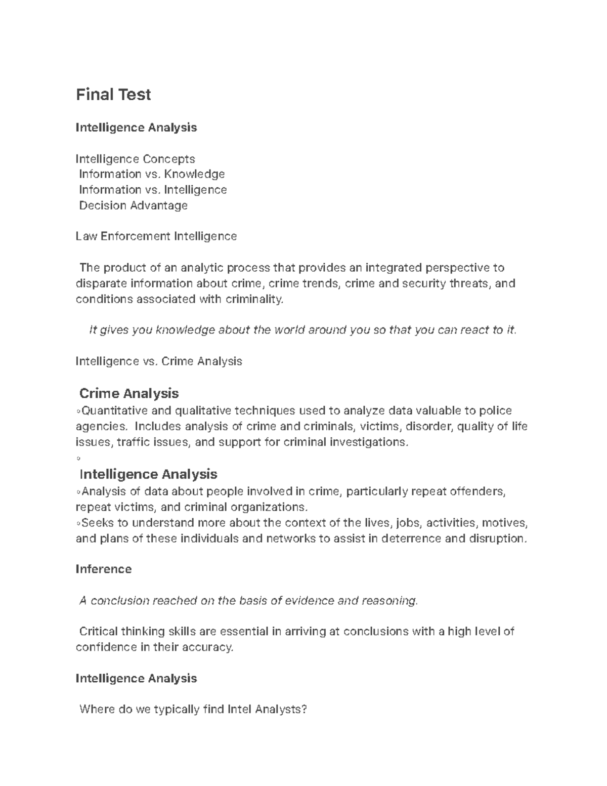 Final Test Final Test Intelligence Analysis Intelligence Concepts