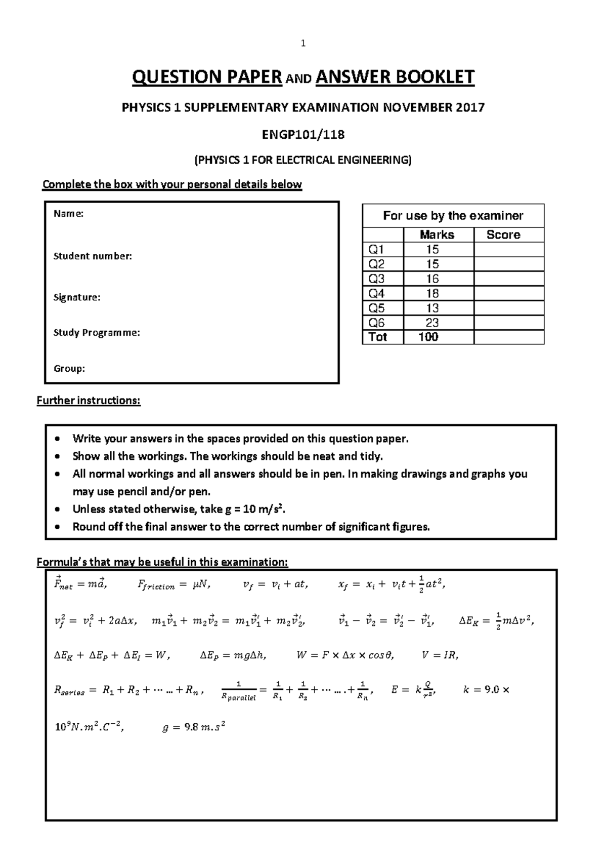 2017 Semester 2 Supp Exam paper - QUESTION PAPER AND ANSWER BOOKLET ...