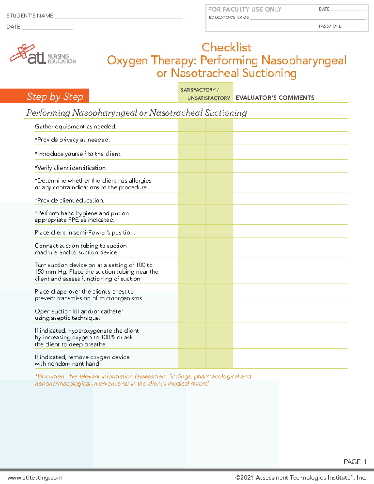 Ati Performing Nasopharyngeal Or Nasotracheal Suctioning Checklist ...