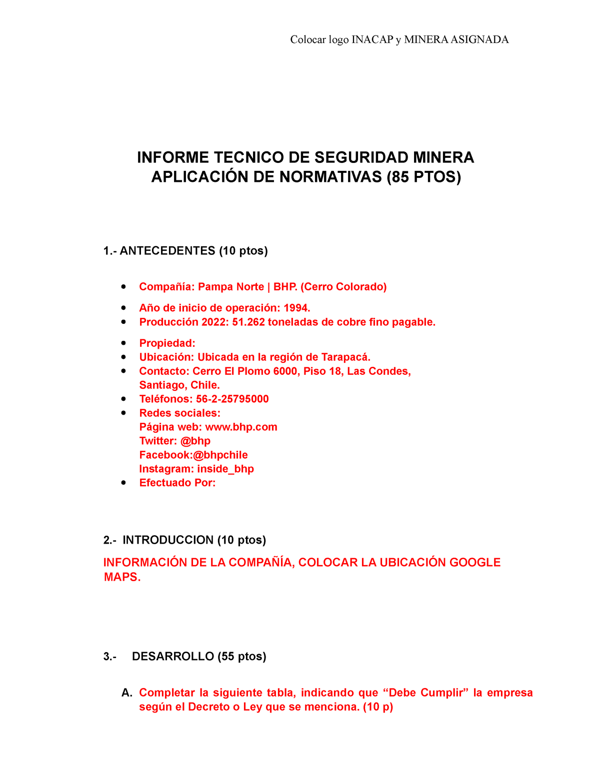 Formato Informe TÉ Cnico 2 SEG. Minera Normativas - Colocar Logo INACAP ...