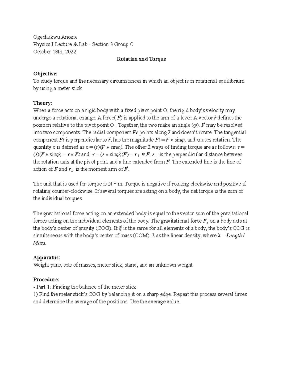 Physics Lab Rotation and Torque - Ogechukwu Anozie Physics I Lecture ...