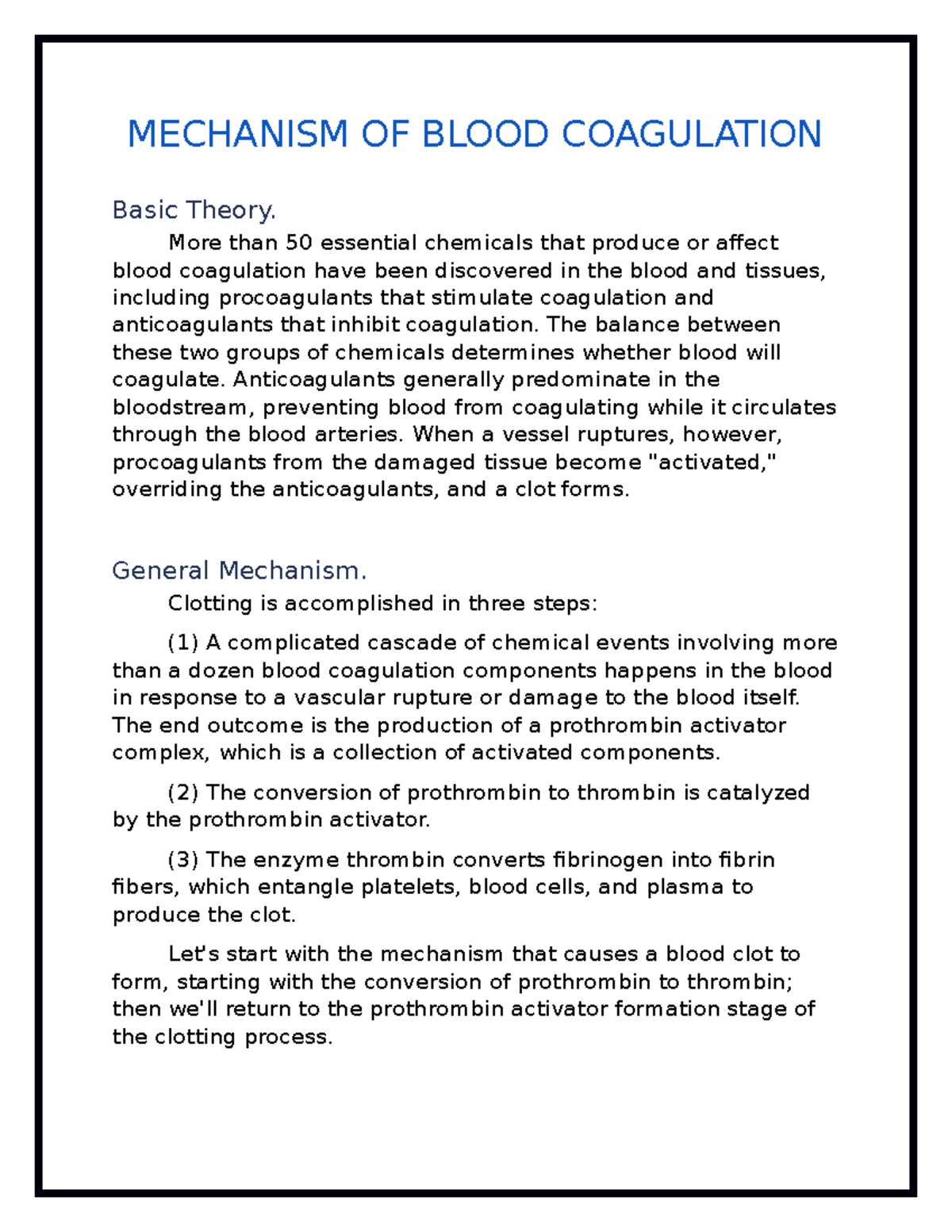 Mechanism OF Blood Coagulation - Human Physiology - Studocu