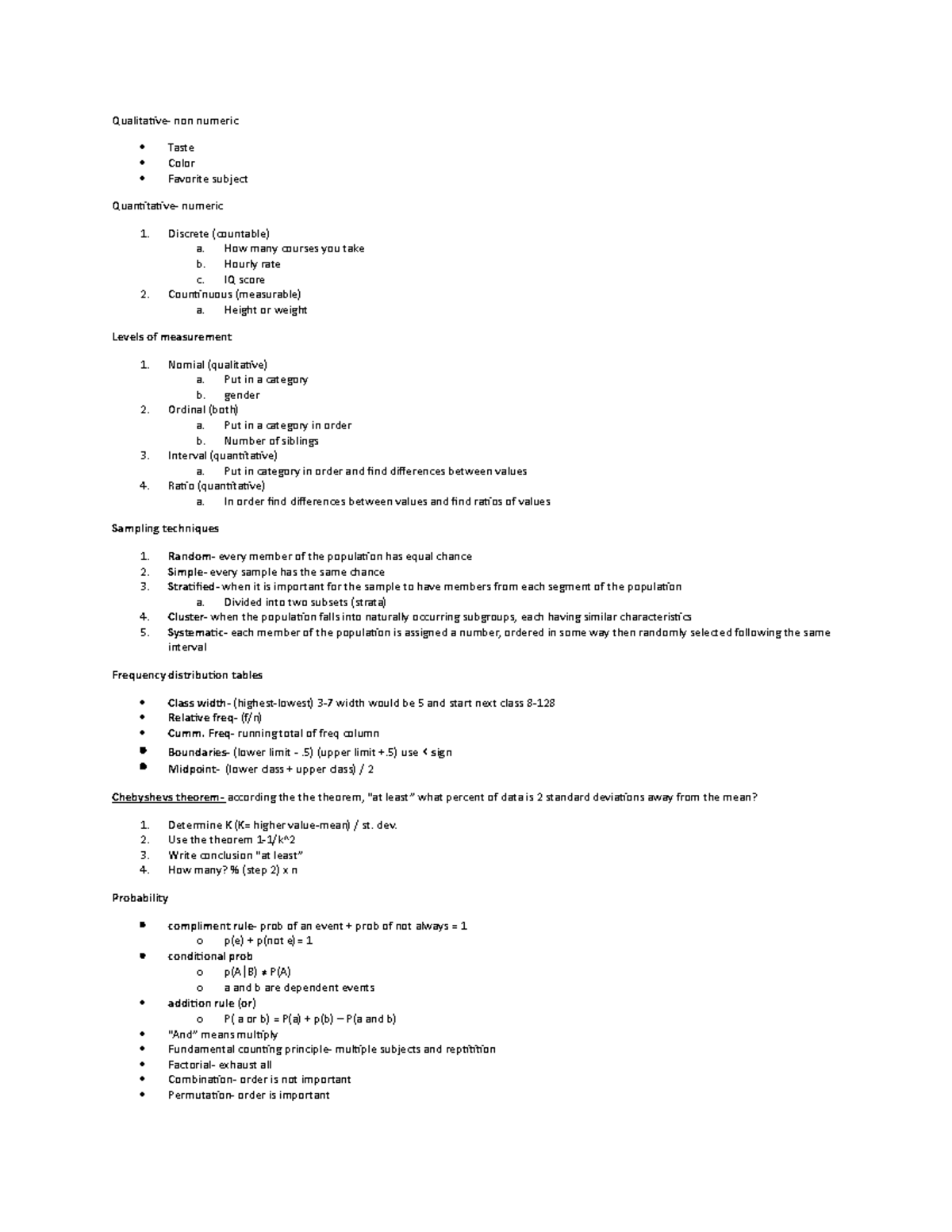 Cheat sheet - Lecture notes 1-4 - Qualitative- non numeric Taste Color ...