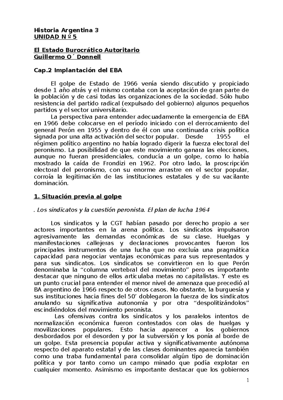 Unidad 5 - Historia Argentina 3 UNIDAD N º 5 El Estado Burocrático ...