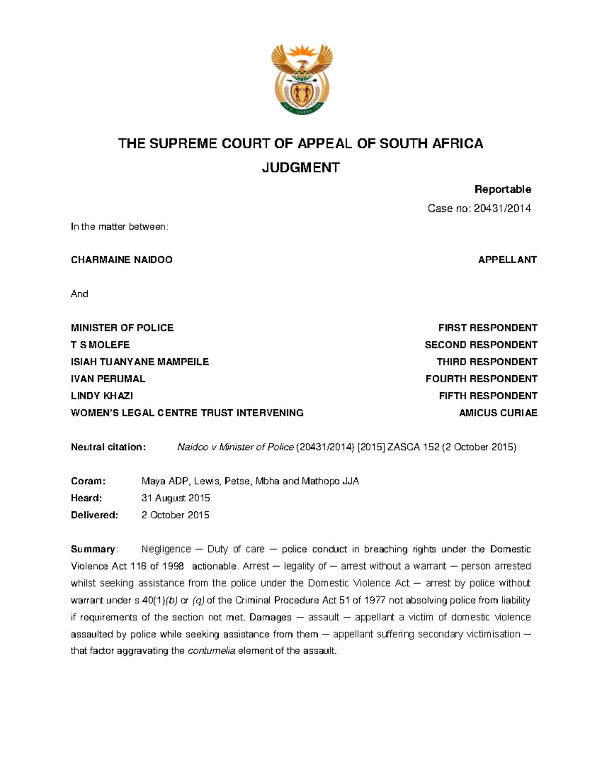 152 - Case Law - THE SUPREME COURT OF APPEAL OF SOUTH AFRICA JUDGMENT ...