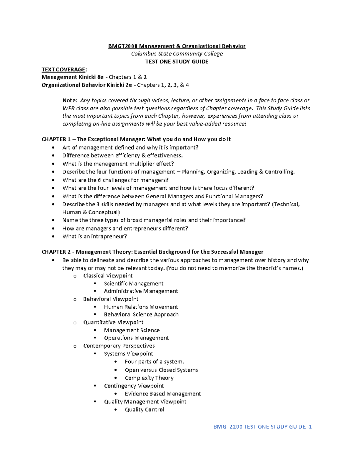 Test One Study Guide - Management Organizational Behavior Columbus ...