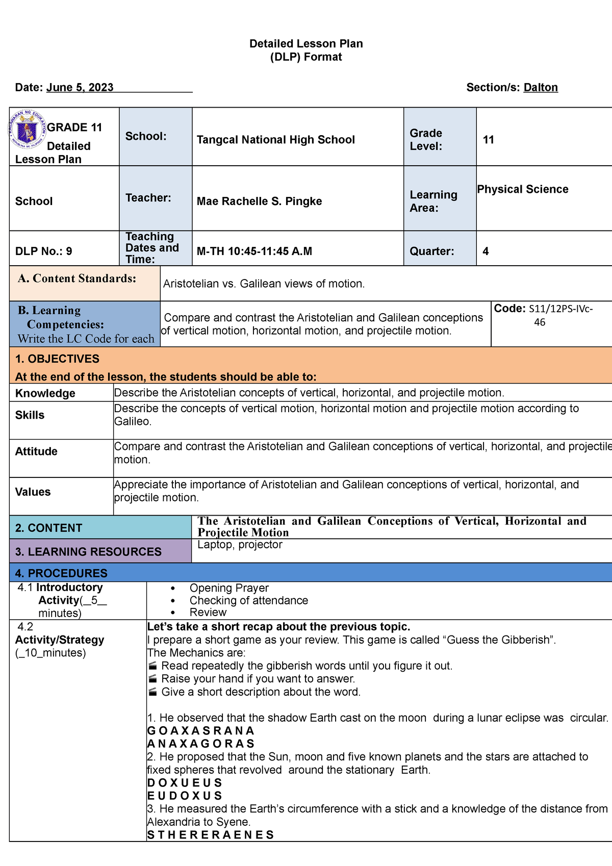 Staging Modalities - Detailed Lesson Plan (DLP) Format Date: June 5 ...