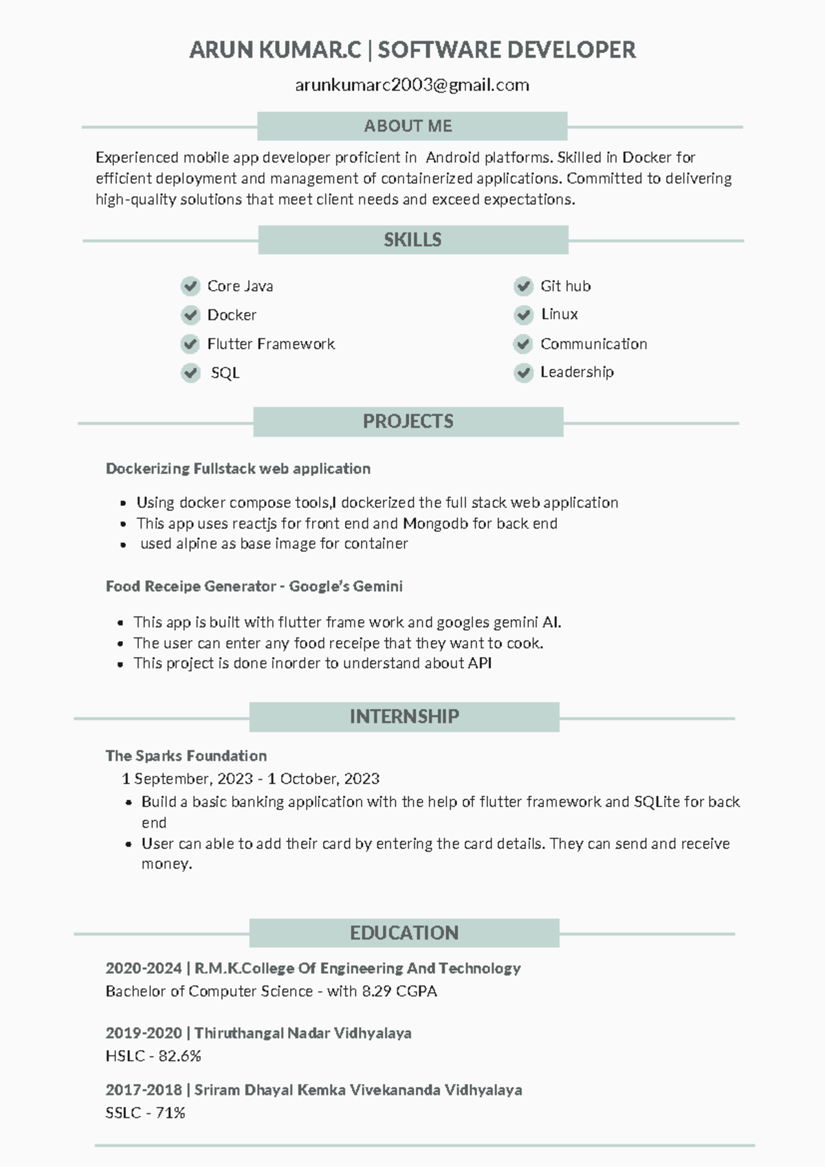 Resume - ARUN KUMAR | SOFTWARE DEVELOPER arunkumarc2003@gmail ...