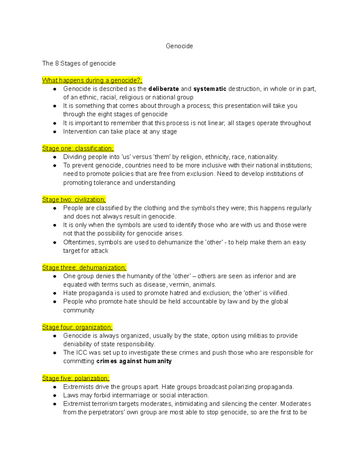 Genocide - Lecture Notes 3 - Genocide The 8 Stages Of Genocide What ...