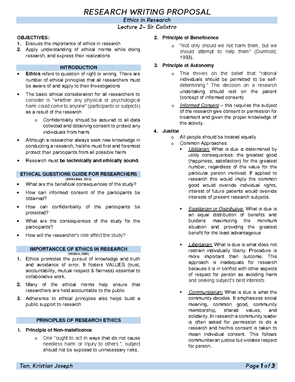 Lecture 2 - Ethics in RS - RESEARCH WRITING PROPOSAL Ethics in Research ...