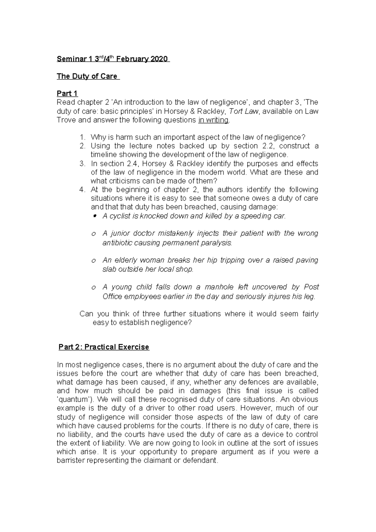 Duty of care seminar 2020 - Seminar 1 3rd/4th February 2020 The Duty of ...