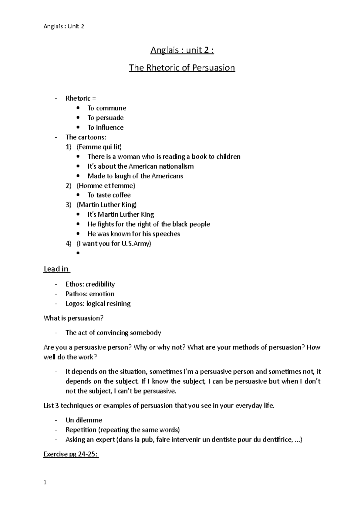 Notes unit 2 - Anglais : unit 2 : The Rhetoric of Persuasion Rhetoric ...